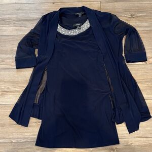 R&M Richards Navy Dress with Embellished Neckline and Sheer Cardigan